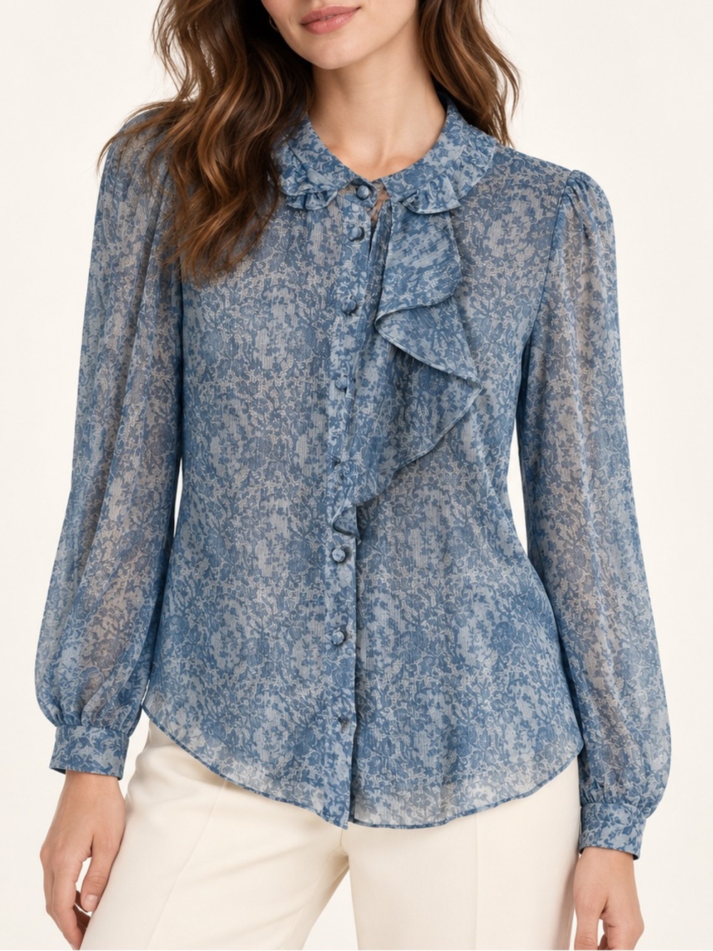 Rebecca Tylor 100% Silk Button-Up Blouse Size S Blue Floral Print Ruffle Detail